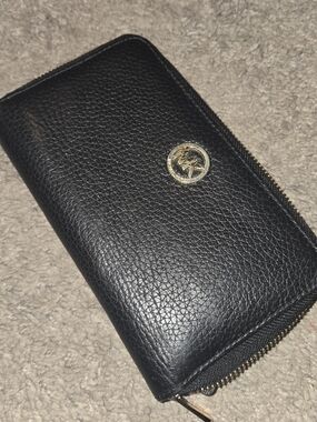 Michael Kors Black Leather Zip-Around Wallet with Gold Logo